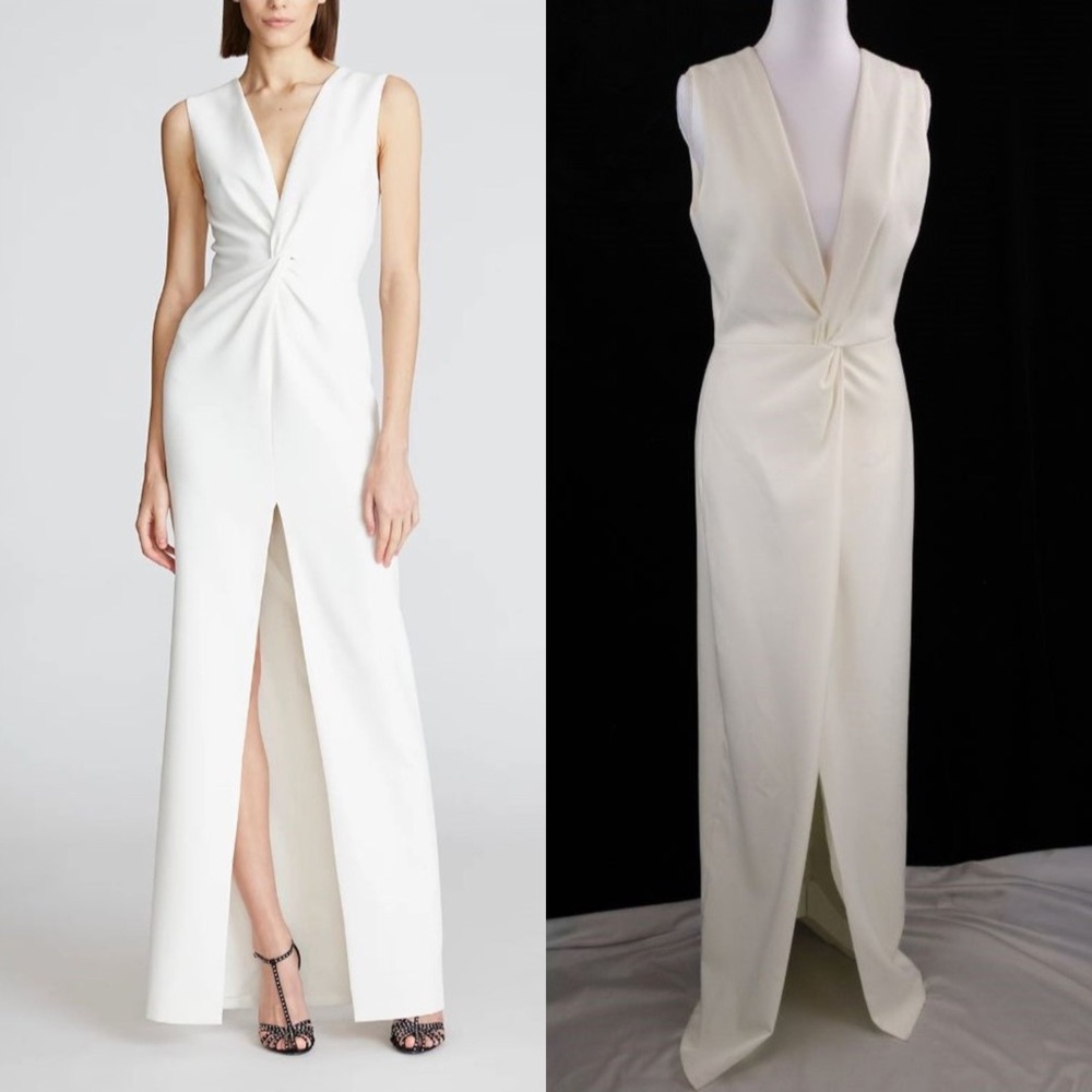 Halston Melanie V Neck Twist Knot Gown, Chalk White, Size US 6